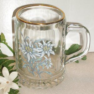 ALWE Clear Glass Mug with Painted White Daisy Flowers & Gold Rim